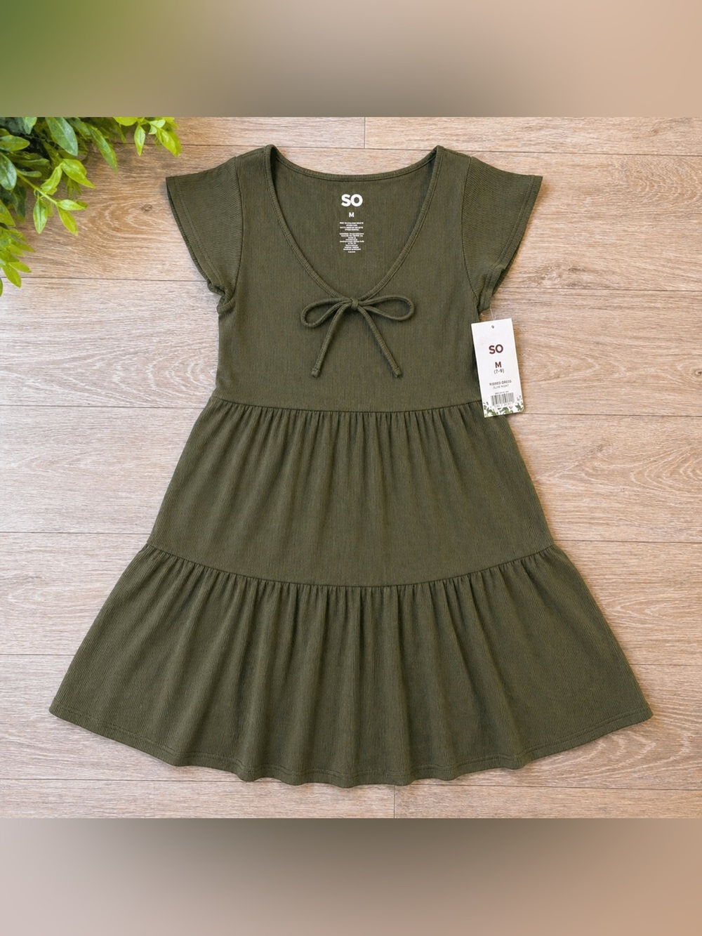 SO Olive Green Tiered Mini Dress NWT Medium Ribbed Boho Cottagecore Summer